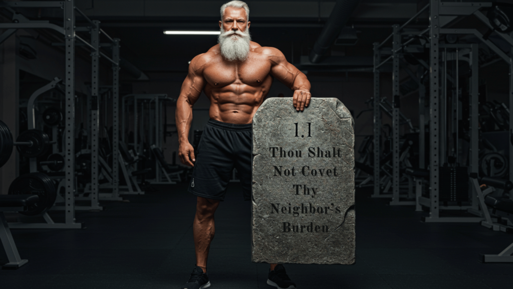 a strong man holding a stone tablet with principles for a good workout