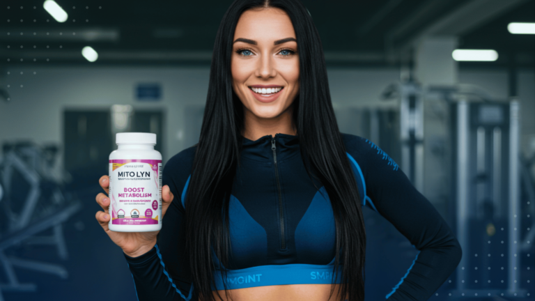 A Beautiful woman with long black hair and blue eyes holding a bottle of MITOLYN Supplement