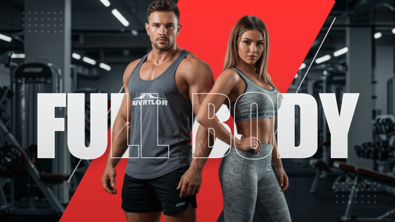 A fit man and woman in a gym posing confidently, representing the benefits of full-body workouts for muscle growth, versatility, and fitness efficiency